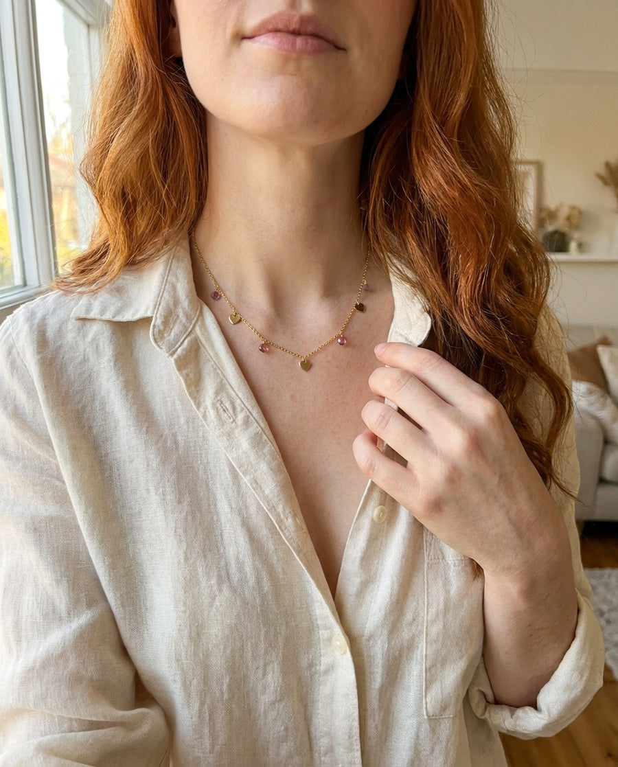 Gala Regal Hearts Necklace styled with a linen shirt